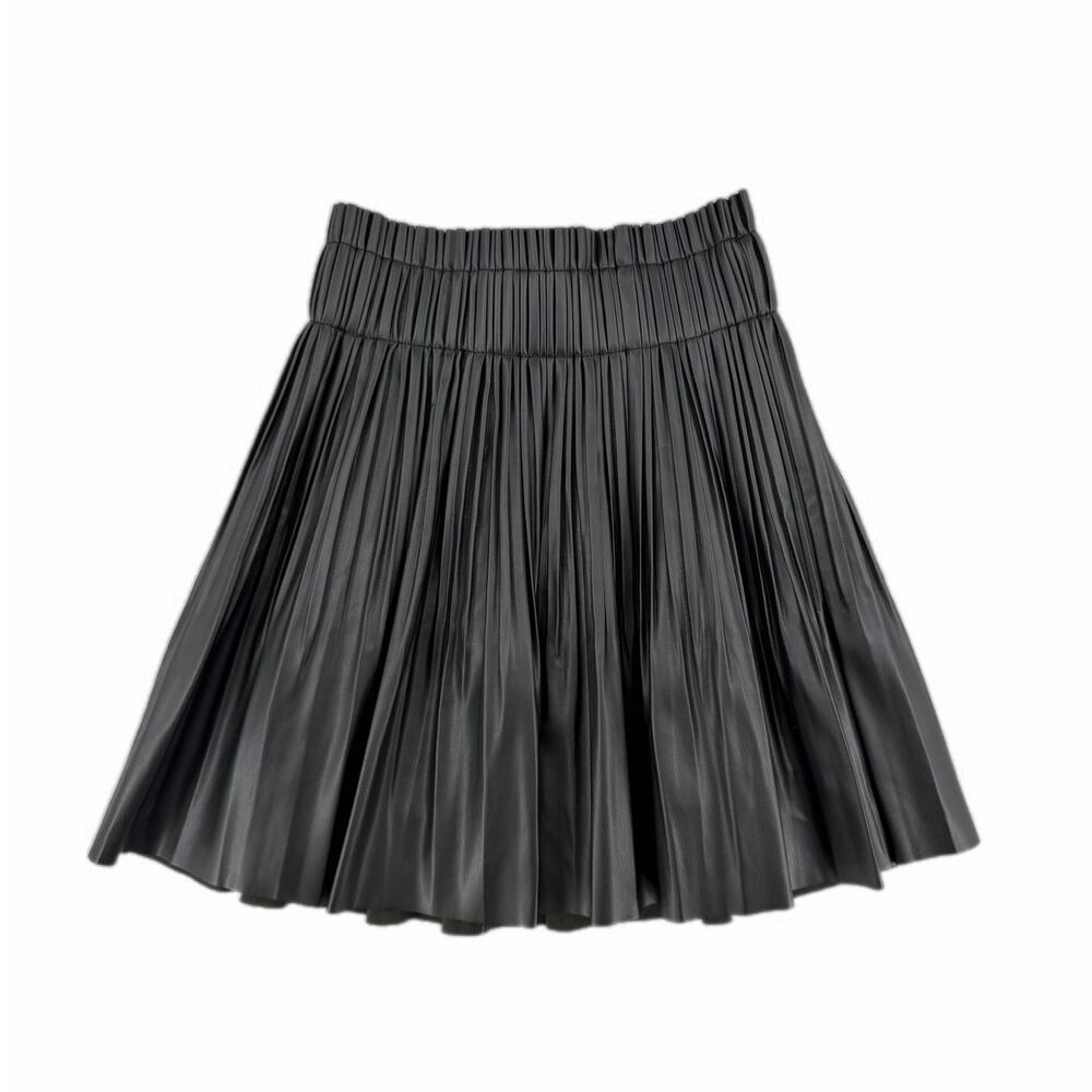 7 For All Mankind Black Pleated Faux Leather Pull On Elastic Waist Mini Skirt - Picture 2 of 7